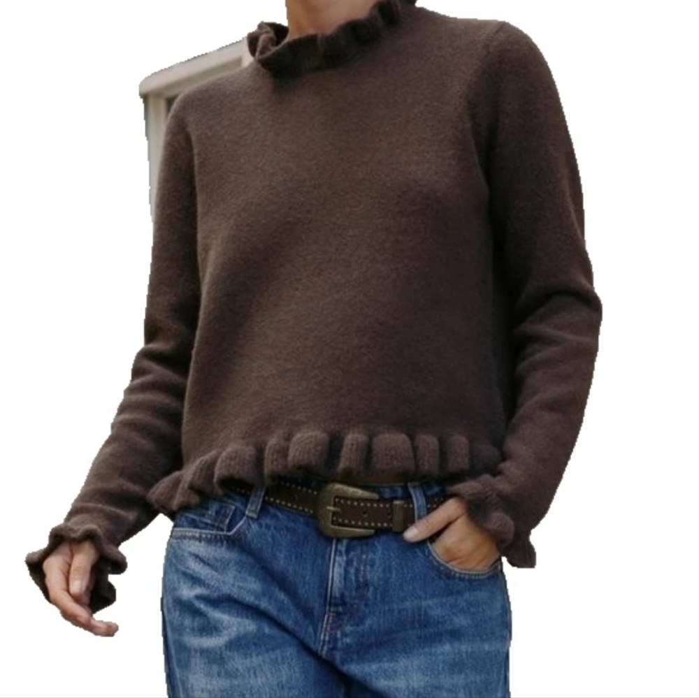 Zara Brown Ruffled Knit Pullover Sweater